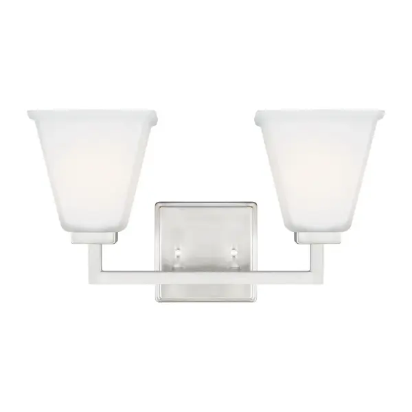 Collection: Ellis Harper Designer: Sea Gull Rooms: Bathroom, Bedroom, Entry Room/Hallway Finish: Brushed Nickel Glass: Etched / White Inside Width: 16.13" Height: 9.13" Weight: 4.66 lb Extension from Wall: 6.63" Wire: 6.5" Black/White Canopy: DP:1'' W:5'' H:5'' OB UP:6.625'' OB DOWN:2.5'' Square Bulbs Included Number of Bulbs: 2 Maximum Wattage: 9.00 W Bulb Type: A19 Bulb Base: Medium Light Source: LED Light Output: 800.00 lm Color Temperature: 3000 K CRI: 90 Beam Spread: 230.00° Rated Average Life: 15000 Voltage: 120.00 V Material: Steel Country of Origin: Vietnam Safety Listing: cETL Safety Rating: Damp Connection: Hardwired Energy Star Title 24 LED Spec Sheet Instructions Parts Diagram