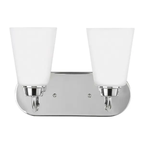 Collection: Kerrville Designer: Sea Gull Rooms: Bathroom, Bedroom, Entry Room/Hallway Finish: Chrome Glass: Satin Etched Width: 12.00" Height: 9.00" Weight: 3.50 lb Extension from Wall: 6.75" Wire: 6.5" Black/White Canopy: DP:0.875'' W:12'' H:4.625'' OB UP:6.75'' OB DOWN:2.25'' Oval Number of Bulbs: 2 Maximum Wattage: 100.00 W Bulb Type: A19 Bulb Base: Medium Voltage: 120.00 V Blade Finish: all fixtures are California Title 24 compliant.`` Material: Steel Country of Origin: Philippines Safety Listing: cETL Safety Rating: Damp Connection: Hardwired Title 24 Spec Sheet Instructions Parts Diagram