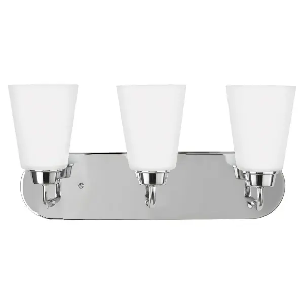 Collection: Kerrville Designer: Sea Gull Rooms: Bathroom, Bedroom, Entry Room/Hallway Finish: Chrome Glass: Satin Etched Width: 18.00" Height: 9.00" Weight: 5.30 lb Extension from Wall: 6.75" Wire: 6.5" Black/White Canopy: DP:0.875'' W:18'' H:4.625'' OB UP:6.75'' OB DOWN:2.25'' Oval Bulbs Included Number of Bulbs: 3 Maximum Wattage: 9.00 W Bulb Type: A19 Bulb Base: Medium Light Source: LED Light Output: 800.00 lm Color Temperature: 3000 K CRI: 90 Beam Spread: 230.00° Rated Average Life: 15000 Voltage: 120.00 V Blade Finish: all fixtures are California Title 24 compliant.`` Material: Steel Country of Origin: Philippines Safety Listing: cETL Safety Rating: Damp Connection: Hardwired Energy Star Title 24 LED Spec Sheet Instructions Parts Diagram