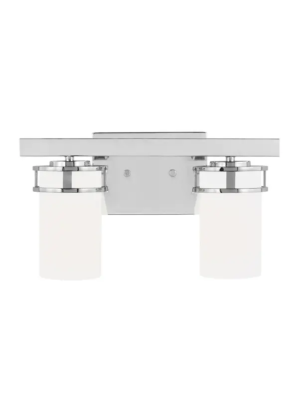 Collection: Robie Designer: Sea Gull Rooms: Bathroom, Bedroom, Entry Room/Hallway Finish: Chrome Glass: Etched / White Inside Width: 14.63" Height: 8.13" Weight: 2.64 lb Extension from Wall: 6.75" Wire: 6.5" Black/White Canopy: DP:0.75'' W:7'' H:5'' OB UP:5.625'' OB DOWN:2.5'' Rectangular Bulbs Included Number of Bulbs: 2 Maximum Wattage: 9.00 W Bulb Type: A19 Bulb Base: Medium Light Source: LED Light Output: 800.00 lm Color Temperature: 3000 K CRI: 90 Beam Spread: 230.00° Rated Average Life: 15000 Voltage: 120.00 V Material: Steel Country of Origin: China Safety Listing: cETL Safety Rating: Damp Energy Star Title 24 LED Spec Sheet Instructions Parts Diagram