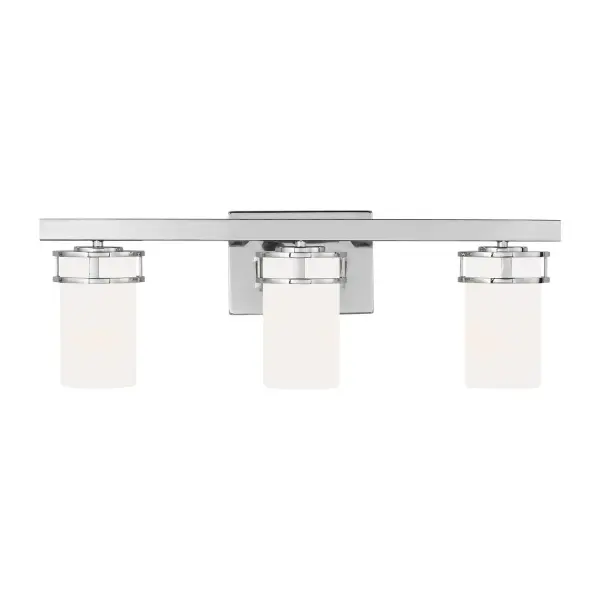 Collection: Robie Designer: Sea Gull Rooms: Bathroom, Bedroom, Entry Room/Hallway Finish: Chrome Glass: Etched / White Inside Width: 24.00" Height: 8.13" Weight: 5.28 lb Extension from Wall: 6.75" Wire: 6.5" Black/White Canopy: DP:0.75'' W:7'' H:5'' OB UP:5.625'' OB DOWN:2.5'' Rectangular Number of Bulbs: 3 Maximum Wattage: 75.00 W Bulb Type: A19 Bulb Base: Medium Voltage: 120.00 V Material: Steel Country of Origin: Philippines Safety Listing: cETL Safety Rating: Damp Title 24 Spec Sheet Instructions Parts Diagram