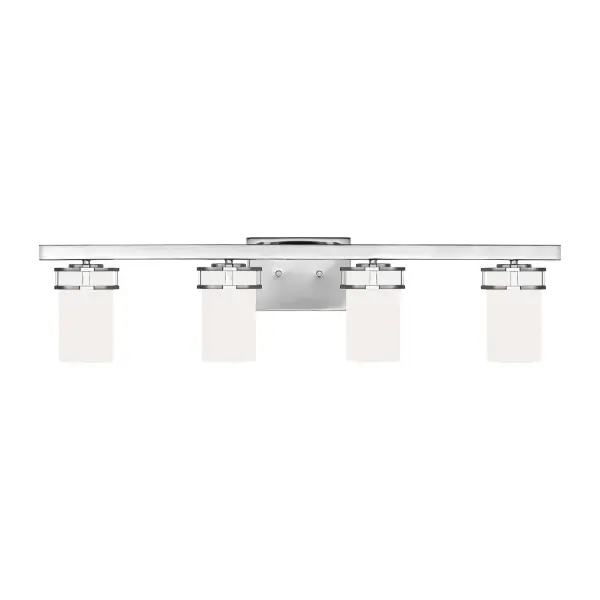 Collection: Robie Designer: Sea Gull Rooms: Bathroom, Bedroom, Entry Room/Hallway Finish: Chrome Glass: Etched / White Inside Width: 34.00" Height: 8.13" Weight: 7.48 lb Extension from Wall: 6.75" Wire: 6.5" Black/White Canopy: DP:0.75'' W:7'' H:5'' OB UP:5.625'' OB DOWN:2.5'' Rectangular Number of Bulbs: 4 Maximum Wattage: 75.00 W Bulb Type: A19 Bulb Base: Medium Voltage: 120.00 V Material: Steel Country of Origin: Philippines Safety Listing: cETL Safety Rating: Damp Title 24 Spec Sheet Instructions Parts Diagram