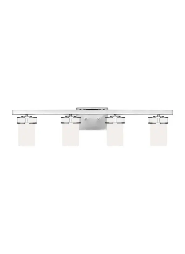 Collection: Robie Designer: Sea Gull Rooms: Bathroom, Bedroom, Entry Room/Hallway Finish: Chrome Glass: Etched / White Inside Width: 34.00" Height: 8.13" Weight: 7.48 lb Extension from Wall: 6.75" Wire: 6.5" Black/White Canopy: DP:0.75'' W:7'' H:5'' OB UP:5.625'' OB DOWN:2.5'' Rectangular Bulbs Included Number of Bulbs: 4 Maximum Wattage: 9.00 W Bulb Type: A19 Bulb Base: Medium Light Source: LED Light Output: 800.00 lm Color Temperature: 3000 K CRI: 90 Beam Spread: 230.00° Rated Average Life: 15000 Voltage: 120.00 V Material: Steel Country of Origin: China Safety Listing: cETL Safety Rating: Damp Energy Star Title 24 LED Spec Sheet Instructions Parts Diagram