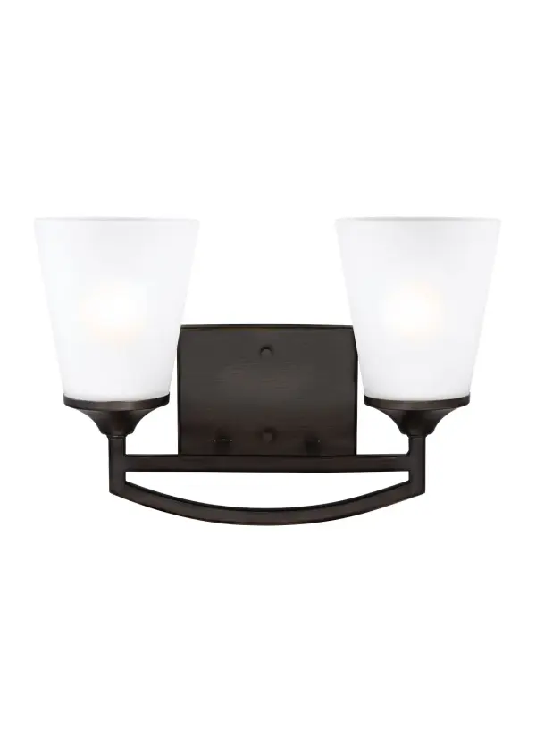 Collection: Hanford Designer: Sea Gull Rooms: Bathroom, Bedroom, Entry Room/Hallway Finish: Bronze Glass: Satin Etched Width: 14.56" Height: 9.63" Weight: 4.80 lb Extension from Wall: 6.50" Wire: 6.5" Black/White Canopy: DP:0.875'' W:6'' H:4 9/16'' OB UP:5 15/16'' OB DOWN:3 11/16'' Rectangular Number of Bulbs: 2 Maximum Wattage: 100.00 W Bulb Type: A19 Bulb Base: Medium Voltage: 120.00 V Blade Finish: all fixtures are California Title 24 compliant.`` Material: Steel Country of Origin: Philippines Safety Listing: cETL Safety Rating: Damp Connection: Hardwired Title 24 Spec Sheet Instructions Parts Diagram