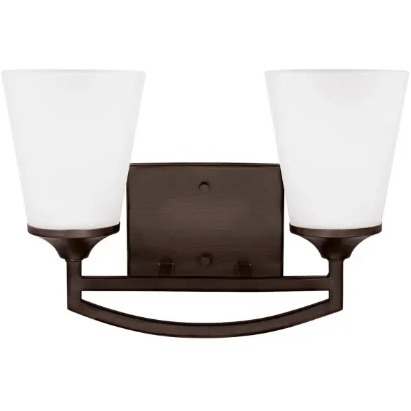 Collection: Hanford Designer: Sea Gull Rooms: Bathroom, Bedroom, Entry Room/Hallway Finish: Bronze Glass: Satin Etched Width: 14.56" Height: 9.63" Weight: 4.80 lb Extension from Wall: 6.50" Wire: 6.5" Black/White Canopy: DP:0.875'' W:6'' H:4 9/16'' OB UP:5 15/16'' OB DOWN:3 11/16'' Rectangular Bulbs Included Number of Bulbs: 2 Maximum Wattage: 9.00 W Bulb Type: A19 Bulb Base: Medium Light Source: LED Light Output: 800.00 lm Color Temperature: 3000 K CRI: 90 Beam Spread: 230.00° Rated Average Life: 15000 Voltage: 120.00 V Blade Finish: all fixtures are California Title 24 compliant.`` Material: Steel Country of Origin: China Safety Listing: cETL Safety Rating: Damp Connection: Hardwired Energy Star Title 24 LED Manufacturer Warranty: 1 Year Warranty for standard fixtures Spec Sheet Instructions Parts Diagram