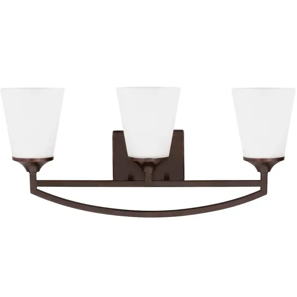 Collection: Hanford Designer: Sea Gull Rooms: Bathroom, Bedroom, Entry Room/Hallway Finish: Bronze Glass: Satin Etched Width: 23.94" Height: 10.50" Weight: 7.40 lb Extension from Wall: 6.50" Wire: 6.5" Black/White Canopy: DP:0.875'' W:6'' H:4 9/16'' OB UP:5.875'' OB DOWN:4.625'' Rectangular Number of Bulbs: 3 Maximum Wattage: 100.00 W Bulb Type: A19 Bulb Base: Medium Voltage: 120.00 V Blade Finish: all fixtures are California Title 24 compliant.`` Material: Steel Country of Origin: Philippines Safety Listing: cETL Safety Rating: Damp Connection: Hardwired Title 24 Spec Sheet Instructions Parts Diagram