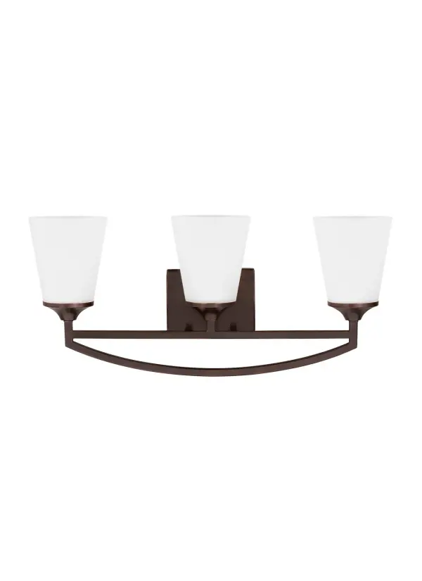 Collection: Hanford Designer: Sea Gull Rooms: Bathroom, Bedroom, Entry Room/Hallway Finish: Bronze Glass: Satin Etched Width: 23.94" Height: 10.50" Weight: 7.40 lb Extension from Wall: 6.50" Wire: 6.5" Black/White Canopy: DP:0.875'' W:6'' H:4 9/16'' OB UP:5.875'' OB DOWN:4.625'' Rectangular Bulbs Included Number of Bulbs: 3 Maximum Wattage: 9.00 W Bulb Type: A19 Bulb Base: Medium Light Source: LED Light Output: 800.00 lm Color Temperature: 3000 K CRI: 90 Beam Spread: 230.00° Rated Average Life: 15000 Voltage: 120.00 V Blade Finish: all fixtures are California Title 24 compliant.`` Material: Steel Country of Origin: China Safety Listing: cETL Safety Rating: Damp Connection: Hardwired Energy Star Title 24 LED Manufacturer Warranty: 1 Year Warranty for standard fixtures Spec Sheet Instructions Parts Diagram