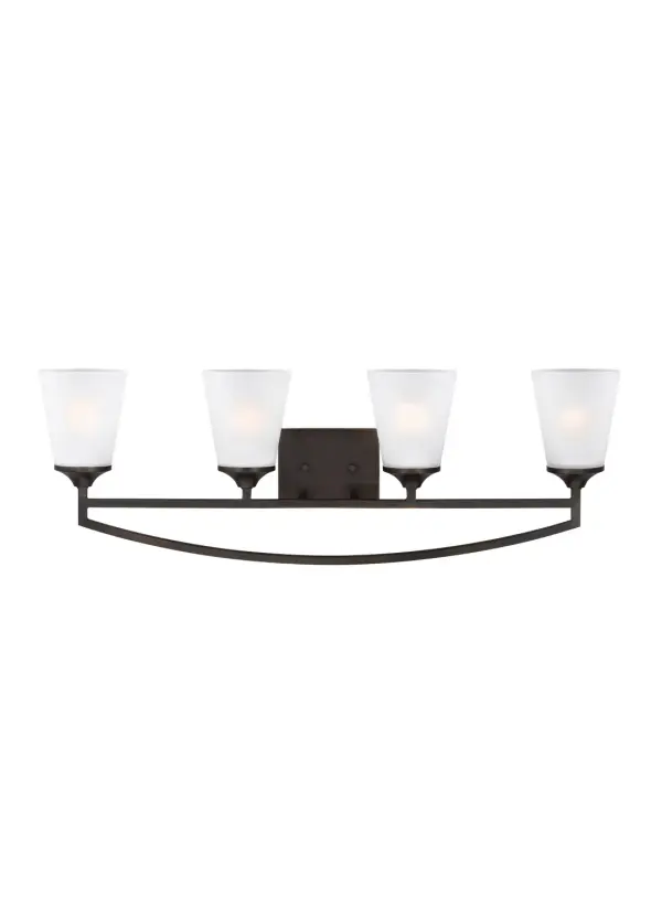 Collection: Hanford Designer: Sea Gull Rooms: Bathroom, Bedroom, Entry Room/Hallway Finish: Bronze Glass: Satin Etched Width: 33.50" Height: 11.25" Weight: 9.80 lb Extension from Wall: 6.50" Wire: 6.5" Black/White Canopy: DP:0.875'' W:6'' H:4 9/16'' OB UP:6'' OB DOWN:5.25'' Rectangular Number of Bulbs: 4 Maximum Wattage: 100.00 W Bulb Type: A19 Bulb Base: Medium Voltage: 120.00 V Blade Finish: all fixtures are California Title 24 compliant.`` Material: Steel Country of Origin: Philippines Safety Listing: cETL Safety Rating: Damp Connection: Hardwired Title 24 Spec Sheet Instructions Parts Diagram