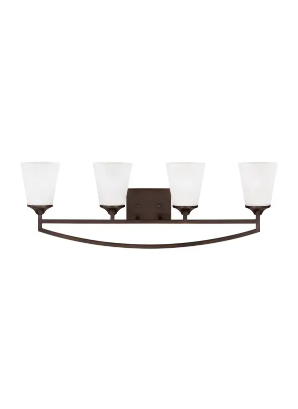 Collection: Hanford Designer: Sea Gull Rooms: Bathroom, Bedroom, Entry Room/Hallway Finish: Bronze Glass: Satin Etched Width: 33.50" Height: 11.25" Weight: 9.80 lb Extension from Wall: 6.50" Wire: 6.5" Black/White Canopy: DP:0.875'' W:6'' H:4 9/16'' OB UP:6'' OB DOWN:5.25'' Rectangular Bulbs Included Number of Bulbs: 4 Maximum Wattage: 9.00 W Bulb Type: A19 Bulb Base: Medium Light Source: LED Light Output: 800.00 lm Color Temperature: 3000 K CRI: 90 Beam Spread: 230.00° Rated Average Life: 15000 Voltage: 120.00 V Blade Finish: all fixtures are California Title 24 compliant.`` Material: Steel Country of Origin: China Safety Listing: cETL Safety Rating: Damp Connection: Hardwired Energy Star Title 24 LED Manufacturer Warranty: 1 Year Warranty for standard fixtures Spec Sheet Instructions Parts Diagram
