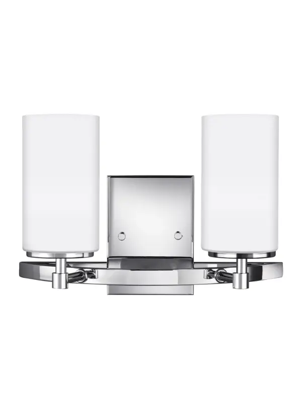 Collection: Alturas Designer: Sea Gull Rooms: Bathroom, Bedroom, Entry Room/Hallway Finish: Chrome Glass: Etched / White Inside Width: 13.56" Height: 9.06" Weight: 2.80 lb Extension from Wall: 6.56" Wire: 6.5" Black/White Canopy: DP:1'' W:4.375'' H:6'' OB UP:6.125'' OB DOWN:3'' Rectangular Number of Bulbs: 2 Maximum Wattage: 100.00 W Bulb Type: A19 Bulb Base: Medium Voltage: 120.00 V Blade Finish: all fixtures are California Title 24 compliant.`` Material: Steel Country of Origin: Vietnam Safety Listing: cETL Safety Rating: Damp Connection: Hardwired Title 24 Manufacturer Warranty: 1 Year Warranty for standard fixtures Spec Sheet Instructions Parts Diagram