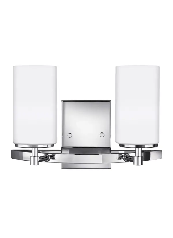 Collection: Alturas Designer: Sea Gull Rooms: Bathroom, Bedroom, Entry Room/Hallway Finish: Chrome Glass: Etched / White Inside Width: 13.56" Height: 9.06" Weight: 2.80 lb Extension from Wall: 6.56" Wire: 6.5" Black/White Canopy: DP:1'' W:4.375'' H:6'' OB UP:6.125'' OB DOWN:3'' Rectangular Bulbs Included Number of Bulbs: 2 Maximum Wattage: 9.00 W Bulb Type: A19 Bulb Base: Medium Light Source: LED Light Output: 800.00 lm Color Temperature: 3000 K CRI: 90 Beam Spread: 230.00° Rated Average Life: 15000 Voltage: 120.00 V Blade Finish: all fixtures are California Title 24 compliant.`` Material: Steel Country of Origin: Vietnam Safety Listing: cETL Safety Rating: Damp Connection: Hardwired Energy Star Title 24 LED Manufacturer Warranty: 1 Year Warranty for standard fixtures Spec Sheet Instructions Parts Diagram