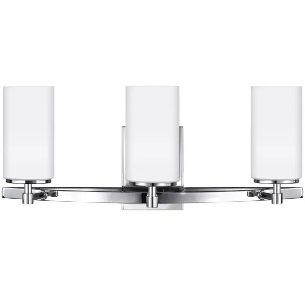 Collection: Alturas Designer: Sea Gull Rooms: Bathroom, Bedroom, Entry Room/Hallway Finish: Chrome Glass: Etched / White Inside Width: 22.00" Height: 9.13" Weight: 4.10 lb Extension from Wall: 7.50" Wire: 6.5" Black/White Canopy: DP:1'' W:4.375'' H:6'' OB UP:6.125'' OB DOWN:3'' Rectangular Number of Bulbs: 3 Maximum Wattage: 100.00 W Bulb Type: A19 Bulb Base: Medium Voltage: 120.00 V Blade Finish: all fixtures are California Title 24 compliant.`` Material: Steel Country of Origin: Vietnam Safety Listing: cETL Safety Rating: Damp Connection: Hardwired Title 24 Manufacturer Warranty: 1 Year Warranty for standard fixtures Spec Sheet Instructions Parts Diagram