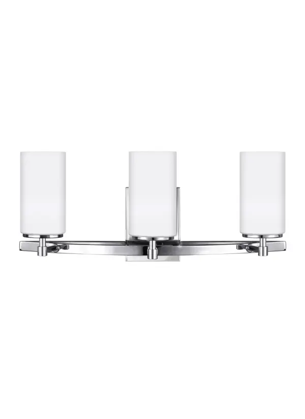Collection: Alturas Designer: Sea Gull Rooms: Bathroom, Bedroom, Entry Room/Hallway Finish: Chrome Glass: Etched / White Inside Width: 22.00" Height: 9.13" Weight: 4.10 lb Extension from Wall: 7.50" Wire: 6.5" Black/White Canopy: DP:1'' W:4.375'' H:6'' OB UP:6.125'' OB DOWN:3'' Rectangular Bulbs Included Number of Bulbs: 3 Maximum Wattage: 9.00 W Bulb Type: A19 Bulb Base: Medium Light Source: LED Light Output: 800.00 lm Color Temperature: 3000 K CRI: 90 Beam Spread: 230.00° Rated Average Life: 15000 Voltage: 120.00 V Blade Finish: all fixtures are California Title 24 compliant.`` Material: Steel Country of Origin: Vietnam Safety Listing: cETL Safety Rating: Damp Connection: Hardwired Energy Star Title 24 LED Manufacturer Warranty: 1 Year Warranty for standard fixtures Spec Sheet Instructions Parts Diagram