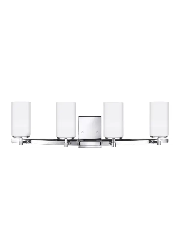 Collection: Alturas Designer: Sea Gull Rooms: Bathroom, Bedroom, Entry Room/Hallway Finish: Chrome Glass: Etched / White Inside Width: 30.50" Height: 9.13" Weight: 7.00 lb Extension from Wall: 7.25" Wire: 6.5" Black/White Canopy: DP:1'' W:4.375'' H:6'' OB UP:6.125'' OB DOWN:3'' Rectangular Number of Bulbs: 4 Maximum Wattage: 100.00 W Bulb Type: A19 Bulb Base: Medium Voltage: 120.00 V Blade Finish: all fixtures are California Title 24 compliant.`` Material: Steel Country of Origin: Vietnam Safety Listing: cETL Safety Rating: Damp Connection: Hardwired Title 24 Manufacturer Warranty: 1 Year Warranty for standard fixtures Spec Sheet Instructions Parts Diagram