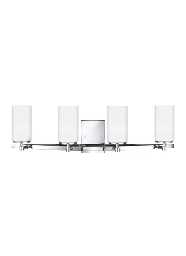 Collection: Alturas Designer: Sea Gull Rooms: Bathroom, Bedroom, Entry Room/Hallway Finish: Chrome Glass: Etched / White Inside Width: 30.50" Height: 9.13" Weight: 5.30 lb Extension from Wall: 7.25" Wire: 6.5" Black/White Canopy: DP:1'' W:4.375'' H:6'' OB UP:6.125'' OB DOWN:3'' Rectangular Bulbs Included Number of Bulbs: 4 Maximum Wattage: 9.00 W Bulb Type: A19 Bulb Base: Medium Light Source: LED Light Output: 800.00 lm Color Temperature: 3000 K CRI: 90 Beam Spread: 230.00° Rated Average Life: 15000 Voltage: 120.00 V Blade Finish: all fixtures are California Title 24 compliant.`` Material: Steel Country of Origin: Vietnam Safety Listing: cETL Safety Rating: Damp Connection: Hardwired Energy Star Title 24 LED Manufacturer Warranty: 1 Year Warranty for standard fixtures Spec Sheet Instructions Parts Diagram
