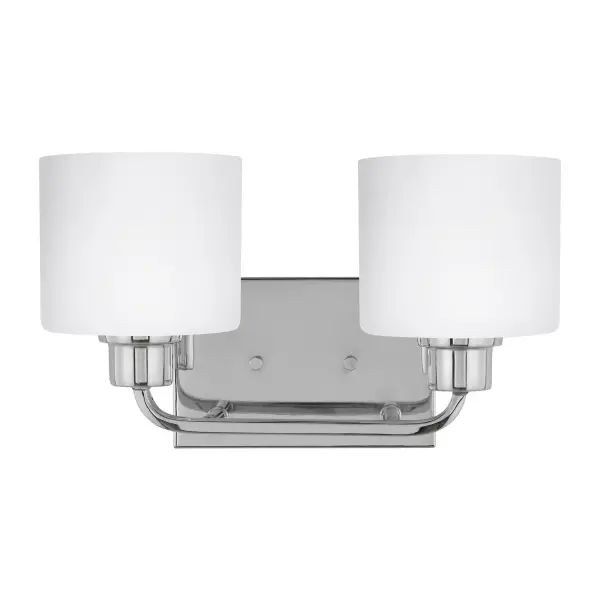 Collection: Canfield Designer: Sea Gull Rooms: Bathroom, Bedroom, Entry Room/Hallway Finish: Chrome Glass: Etched / White Inside Width: 14.25" Height: 8.38" Weight: 3.20 lb Extension from Wall: 7.25" Wire: 6.5" Black/White Canopy: DP:0.875'' W:7.625'' H:5'' OB UP:5.875'' OB DOWN:2.5'' Rectangular Bulbs Included Number of Bulbs: 2 Maximum Wattage: 9.00 W Bulb Type: A19 Bulb Base: Medium Light Source: LED Light Output: 800.00 lm Color Temperature: 3000 K CRI: 90 Beam Spread: 230.00° Rated Average Life: 15000 Voltage: 120.00 V Material: Steel Country of Origin: Vietnam Safety Listing: cETL Safety Rating: Damp Energy Star Title 24 LED Spec Sheet Instructions Parts Diagram