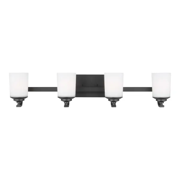 Collection: Kemal Designer: Sea Gull Rooms: Bathroom, Bedroom, Entry Room/Hallway Finish: Midnight Black Glass: Etched / White Inside Width: 34.00" Height: 7.13" Weight: 8.38 lb Extension from Wall: 7.38" Wire: 6.5" Black/White Canopy: DP:13/16'' W:7'' H:5'' OB UP:2 9/16'' OB DOWN:4 9/16'' Rectangular Number of Bulbs: 4 Maximum Wattage: 75.00 W Bulb Type: A19 Bulb Base: Medium Voltage: 120.00 V Material: Steel Country of Origin: China Safety Listing: cETL Safety Rating: Damp Title 24 Spec Sheet Instructions Parts Diagram