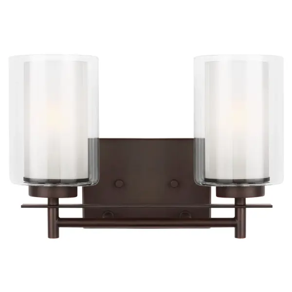 Collection: Elmwood Park Designer: Sea Gull Rooms: Bathroom, Bedroom, Entry Room/Hallway Finish: Bronze Glass: Satin Etched Width: 13.25" Height: 8.50" Weight: 3.75 lb Extension from Wall: 6.25" Wire: 6.5" Black/White Canopy: DP:0.75'' W:6'' H:4.5'' OB UP:6.25'' OB DOWN:2.25'' Rectangular Number of Bulbs: 2 Maximum Wattage: 75.00 W Bulb Type: A19 Bulb Base: Medium Voltage: 120.00 V Blade Finish: all fixtures are California Title 24 compliant.`` Material: Steel Country of Origin: Vietnam Safety Listing: cETL Safety Rating: Damp Connection: Hardwired Title 24 Spec Sheet Instructions Parts Diagram