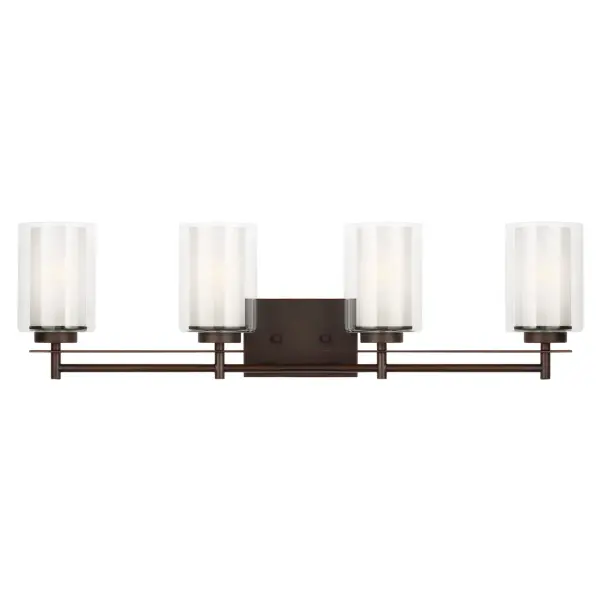 Collection: Elmwood Park Designer: Sea Gull Rooms: Bathroom, Bedroom, Entry Room/Hallway Finish: Bronze Glass: Satin Etched Width: 31.25" Height: 8.50" Weight: 6.90 lb Extension from Wall: 6.25" Wire: 6.5" Black/White Canopy: DP:0.75'' W:6'' H:4.5'' OB UP:6.25'' OB DOWN:2.25'' Rectangular Bulbs Included Number of Bulbs: 4 Maximum Wattage: 9.00 W Bulb Type: A19 Bulb Base: Medium Light Source: LED Light Output: 800.00 lm Color Temperature: 3000 K CRI: 90 Beam Spread: 230.00° Rated Average Life: 15000 Voltage: 120.00 V Blade Finish: all fixtures are California Title 24 compliant.`` Material: Steel Country of Origin: Vietnam Safety Listing: cETL Safety Rating: Damp Connection: Hardwired Energy Star Title 24 LED Spec Sheet Instructions Parts Diagram