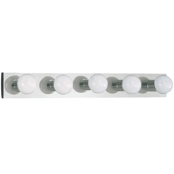 Collection: Center Stage Designer: Sea Gull Rooms: Bathroom, Bedroom, Entry Room/Hallway Finish: Chrome Width: 30.00" Height: 4.25" Weight: 2.70 lb Extension from Wall: 2.25" Chain: 6.5`` Wire: 6.5" Black/White Canopy: OB UP:2.125'' Number of Bulbs: 5 Maximum Wattage: 100.00 W Bulb Type: G25 Bulb Base: Medium Voltage: 120.00 V Material: Steel Country of Origin: Vietnam Safety Listing: C-UL-US Safety Rating: Damp Connection: Hardwired Title 24 Spec Sheet Instructions Parts Diagram