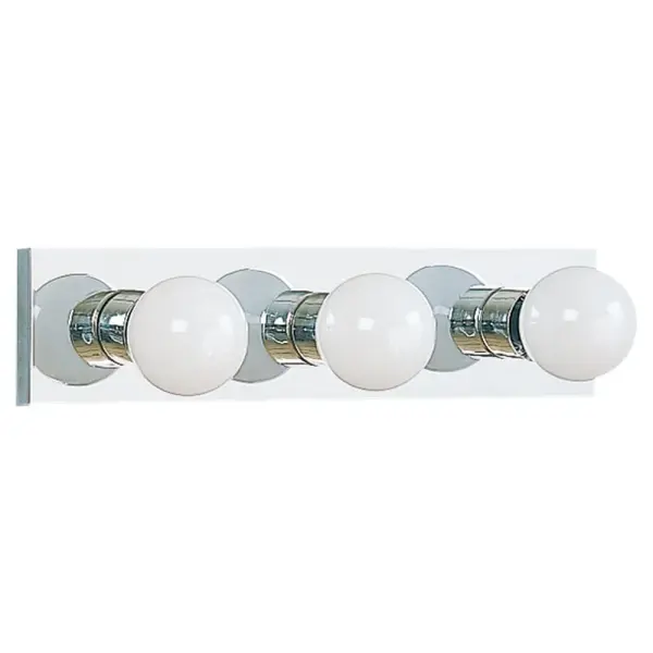 Collection: Center Stage Designer: Sea Gull Rooms: Bathroom, Bedroom, Entry Room/Hallway Finish: Chrome Width: 18.00" Height: 4.25" Length: 20.50" Weight: 1.50 lb Extension from Wall: 2.25" Chain: 6.5`` Wire: 6.5" Black/White Canopy: OB UP:2.125'' Number of Bulbs: 3 Maximum Wattage: 100.00 W Bulb Type: G25 Bulb Base: Medium Voltage: 120.00 V Material: Steel Country of Origin: Vietnam Safety Listing: C-UL-US Safety Rating: Damp Connection: Hardwired Title 24 Spec Sheet Instructions Parts Diagram