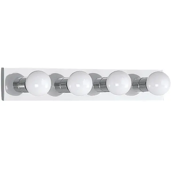 Collection: Center Stage Designer: Sea Gull Rooms: Bathroom, Bedroom, Entry Room/Hallway Finish: Chrome Width: 24.00" Height: 4.25" Length: 25.40" Weight: 2.20 lb Extension from Wall: 2.25" Chain: 6.5`` Wire: 6.5" Black/White Canopy: OB UP:2.125'' Number of Bulbs: 4 Maximum Wattage: 100.00 W Bulb Type: G25 Bulb Base: Medium Voltage: 120.00 V Material: Steel Country of Origin: Vietnam Safety Listing: C-UL-US Safety Rating: Damp Connection: Hardwired Title 24 Spec Sheet Instructions Parts Diagram