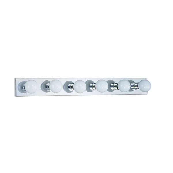 Collection: Center Stage Designer: Sea Gull Rooms: Bathroom, Bedroom, Entry Room/Hallway Finish: Chrome Width: 36.00" Height: 4.25" Length: 38.25" Weight: 3.40 lb Extension from Wall: 2.25" Chain: 6.5`` Wire: 6.5" Black/White Canopy: OB UP:2.125'' Number of Bulbs: 6 Maximum Wattage: 100.00 W Bulb Type: G25 Bulb Base: Medium Voltage: 120.00 V Material: Steel Country of Origin: Vietnam Safety Listing: C-UL-US Safety Rating: Damp Connection: Hardwired Title 24 Spec Sheet Instructions Parts Diagram