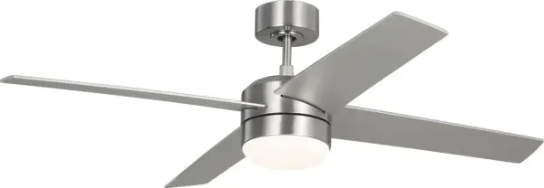 Collection: Loni Rooms: Bedroom, Family Room, Office Finish: Brushed Steel Height: 14.40" Weight: 15.00 lb Canopy: D:5.91" H:2.42" Round Bulbs Included Maximum Wattage: 18.00 W Bulb Base: Dedicated Light Source: LED Light Output: 1300.00 lm Color Temperature: 3000 K CRI: 90 Voltage: 120.00 V Airflow: 4183 CFM Airflow Efficiency: 84 CFM/W Blade Pitch: 12° Blade Finish: American Walnut Blade Quantity: 4 Control: Wall Control Downrod: 4.5" Material: Steel Country of Origin: China Safety Listing: UL Safety Rating: DRY LED Spec Sheet