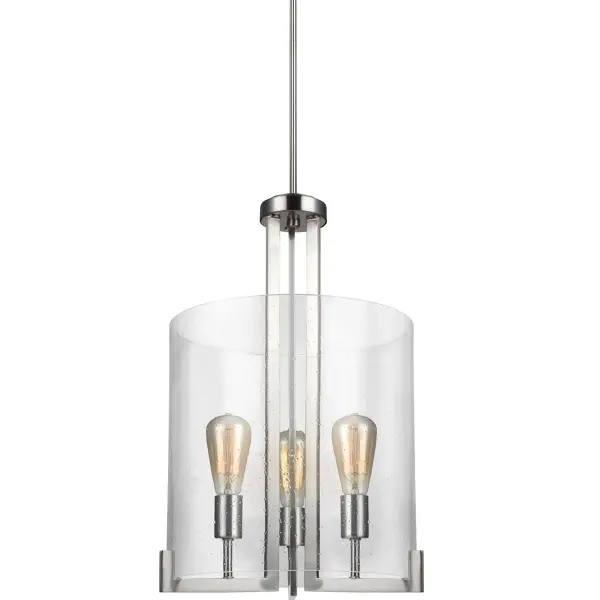 Collection: Dawes Designer: Sea Gull Rooms: Dining Room, Entry Room/Hallway, Kitchen Finish: Brushed Nickel Glass: Clear Seeded Notes: (1) 6`` Stem,(3) 12`` Stems Width: 15.75" Height: 23.50" Weight: 10.20 lb Wire: 120" Clear Silver Rod: (3) 12",(1) 6" Canopy: D:5'' H:0.75'' Round Number of Bulbs: 3 Maximum Wattage: 75.00 W Bulb Type: ST19 Bulb Base: Medium Voltage: 120.00 V Material: Steel Country of Origin: China Safety Listing: UL Safety Rating: Damp Connection: Hardwired Title 24 Manufacturer Warranty: 1 Year Warranty for standard fixtures Spec Sheet Instructions Parts Diagram