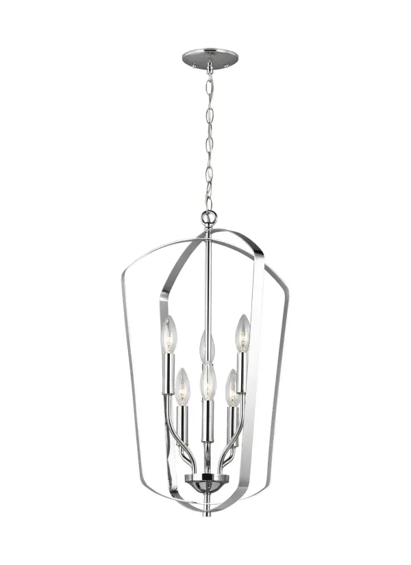 Collection: Romee Designer: Sea Gull Rooms: Dining Room, Entry Room/Hallway, Kitchen Finish: Chrome Width: 15.00" Height: 23.38" Weight: 5.80 lb Chain: 60" Wire: 120" Clear Silver Canopy: D:5'' H:0.875'' Round Number of Bulbs: 6 Maximum Wattage: 60.00 W Bulb Type: Torpedo Bulb Base: Candelabra Voltage: 120.00 V Material: Steel Country of Origin: China Safety Listing: cETL Safety Rating: Damp Connection: Hardwired Title 24 Spec Sheet Instructions Parts Diagram