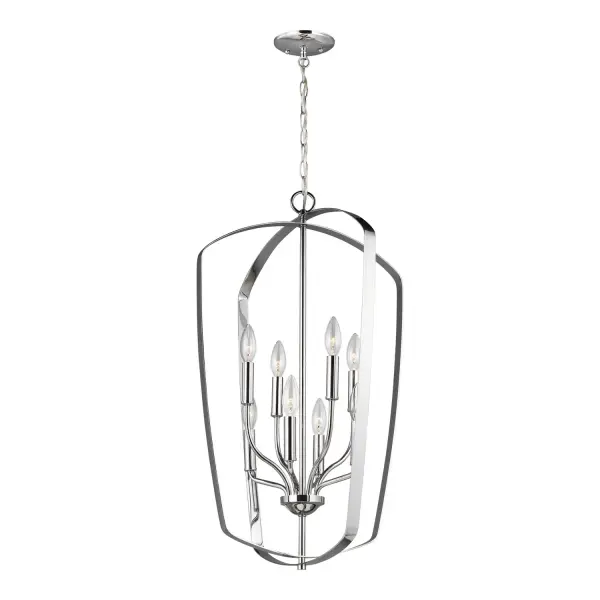 Collection: Romee Designer: Sea Gull Rooms: Dining Room, Entry Room/Hallway, Kitchen Finish: Chrome Width: 18.00" Height: 30.00" Weight: 9.24 lb Chain: 60" Wire: 120" Clear Silver Canopy: D:5'' H:0.875'' Round Number of Bulbs: 8 Maximum Wattage: 60.00 W Bulb Type: Torpedo Bulb Base: Candelabra Voltage: 120.00 V Material: Steel Country of Origin: China Safety Listing: cETL Safety Rating: Damp Title 24 Spec Sheet Instructions Parts Diagram