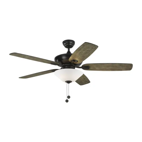 Collection: Colony Rooms: Bathroom, Enclosed Patios/Porches, Garage Finish: Aged Pewter Glass: Matte White Width: 52.00" Height: 17.70" Weight: 19.40 lb Canopy: 5.12" Bulbs Included Number of Bulbs: 2 Maximum Wattage: 9.00 W Bulb Type: A19 Bulb Base: Medium Light Source: LED Light Output: 800.00 lm Color Temperature: 3000 K CRI: 90 Rated Average Life: 15000 Voltage: 120.00 V Airflow: 4224 CFM Electricity Use: 37 W Airflow Efficiency: 73 CFM/W Blade Pitch: 12° Blade Finish: Light Grey Weathered Oak/Light Grey Weathered Oak Blade Quantity: 5 Light Kit: Included Control: Pull Chain Operation, 3-speed, Manual Reverse Switch Downrod: 4.5" Country of Origin: China Safety Listing: cETL Safety Rating: Damp Title 24 LED Spec Sheet Instructions