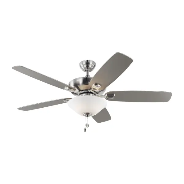 Collection: Colony Rooms: Bathroom, Enclosed Patios/Porches, Garage Finish: Brushed Steel Glass: Matte White Width: 52.00" Height: 17.70" Weight: 19.40 lb Canopy: 5.12" Bulbs Included Number of Bulbs: 2 Maximum Wattage: 9.00 W Bulb Type: A19 Bulb Base: Medium Light Source: LED Light Output: 800.00 lm Color Temperature: 3000 K CRI: 90 Rated Average Life: 15000 Voltage: 120.00 V Airflow: 4224 CFM Electricity Use: 37 W Airflow Efficiency: 73 CFM/W Blade Pitch: 12° Blade Finish: Silver/Silver Blade Quantity: 5 Light Kit: Included Control: Pull Chain Operation, 3-speed, Manual Reverse Switch Downrod: 4.5" Country of Origin: China Safety Listing: cETL Safety Rating: Damp Title 24 LED Spec Sheet Instructions