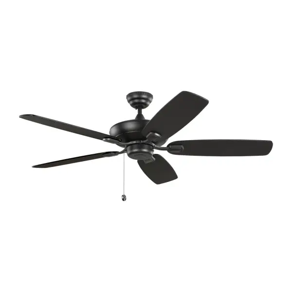 Collection: Colony Rooms: Bathroom, Enclosed Patios/Porches, Garage Finish: Midnight Black Width: 52.00" Height: 12.80" Weight: 15.90 lb Canopy: D:5.125'' H:2.25'' Round Airflow: 4675 CFM Electricity Use: 36 W Airflow Efficiency: 85 CFM/W Blade Pitch: 12° Blade Finish: Midnight Black/Midnight Black Blade Quantity: 5 Light Kit: Adaptable Control: Pull Chain Operation, 3-speed, Manual Reverse Switch Downrod: 4.5" Country of Origin: China Safety Listing: cETL Safety Rating: Damp Spec Sheet Instructions