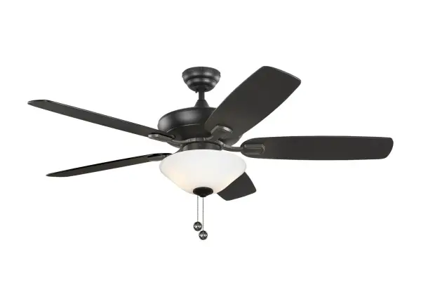 Collection: Colony Rooms: Bathroom, Enclosed Patios/Porches, Garage Finish: Midnight Black Glass: Matte White Width: 52.00" Height: 17.70" Weight: 19.40 lb Canopy: 5.12" Bulbs Included Number of Bulbs: 2 Maximum Wattage: 9.00 W Bulb Type: A19 Bulb Base: Medium Light Source: LED Light Output: 800.00 lm Color Temperature: 3000 K CRI: 90 Rated Average Life: 15000 Voltage: 120.00 V Airflow: 4224 CFM Electricity Use: 37 W Airflow Efficiency: 73 CFM/W Blade Pitch: 12° Blade Finish: Midnight Black/Midnight Black Blade Quantity: 5 Light Kit: Included Control: Pull Chain Operation, 3-speed, Manual Reverse Switch Downrod: 4.5" Country of Origin: China Safety Listing: cETL Safety Rating: Damp Title 24 LED Spec Sheet Instructions
