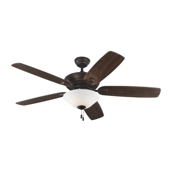 Collection: Colony Rooms: Bathroom, Enclosed Patios/Porches, Garage Finish: Roman Bronze Glass: Matte White Width: 52.00" Height: 17.70" Weight: 19.40 lb Canopy: 5.12" Bulbs Included Number of Bulbs: 2 Maximum Wattage: 9.00 W Bulb Type: A19 Bulb Base: Medium Light Source: LED Light Output: 800.00 lm Color Temperature: 3000 K CRI: 90 Rated Average Life: 15000 Voltage: 120.00 V Airflow: 4224 CFM Electricity Use: 37 W Airflow Efficiency: 73 CFM/W Blade Pitch: 12° Blade Finish: Bronze/Bronze Blade Quantity: 5 Light Kit: Included Control: Pull Chain Operation, 3-speed, Manual Reverse Switch Downrod: 4.5" Country of Origin: China Safety Listing: cETL Safety Rating: Damp Title 24 LED Spec Sheet Instructions