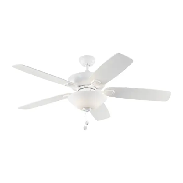 Collection: Colony Rooms: Bathroom, Enclosed Patios/Porches, Garage Finish: Matte White Glass: Matte White Width: 52.00" Height: 17.70" Weight: 19.40 lb Canopy: 5.12" Bulbs Included Number of Bulbs: 2 Maximum Wattage: 9.00 W Bulb Type: A19 Bulb Base: Medium Light Source: LED Light Output: 800.00 lm Color Temperature: 3000 K CRI: 90 Rated Average Life: 15000 Voltage: 120.00 V Airflow: 4224 CFM Electricity Use: 37 W Airflow Efficiency: 73 CFM/W Blade Pitch: 12° Blade Finish: Matte White/Matte White Blade Quantity: 5 Light Kit: Included Control: Pull Chain Operation, 3-speed, Manual Reverse Switch Downrod: 4.5" Country of Origin: China Safety Listing: cETL Safety Rating: Damp Title 24 LED Spec Sheet Instructions