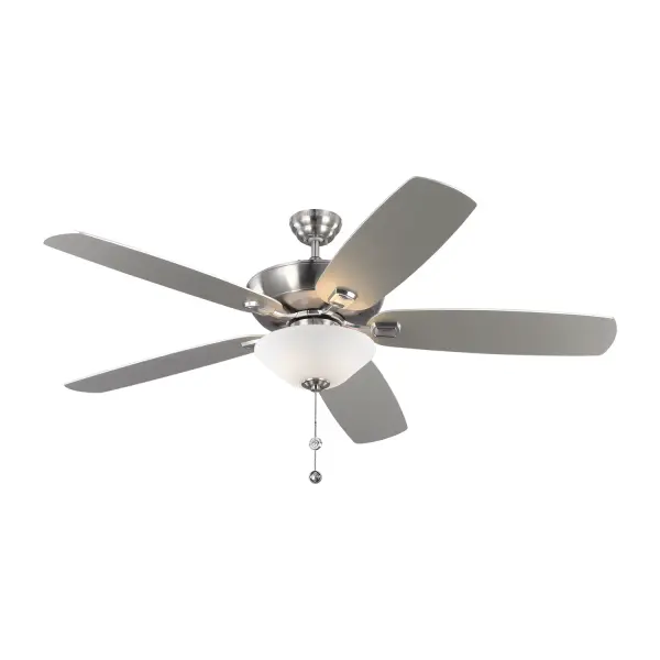 Collection: Colony Rooms: Bathroom, Enclosed Patios/Porches, Garage Finish: Brushed Steel Glass: Matte White Width: 60.00" Height: 18.50" Weight: 22.44 lb Canopy: 5.15" Bulbs Included Number of Bulbs: 2 Maximum Wattage: 9.00 W Bulb Type: A19 Bulb Base: Medium Light Source: LED Light Output: 800.00 lm Color Temperature: 3000 K CRI: 90 Rated Average Life: 15000 Voltage: 120.00 V Airflow: 5348 CFM Electricity Use: 47 W Airflow Efficiency: 73 CFM/W Blade Pitch: 12° Blade Finish: Silver/Silver Blade Quantity: 5 Light Kit: Included Control: Pull Chain Operation, 3-speed, Manual Reverse Switch Downrod: 4.5" Country of Origin: China Safety Listing: cETL Safety Rating: Damp Title 24 LED Spec Sheet Instructions