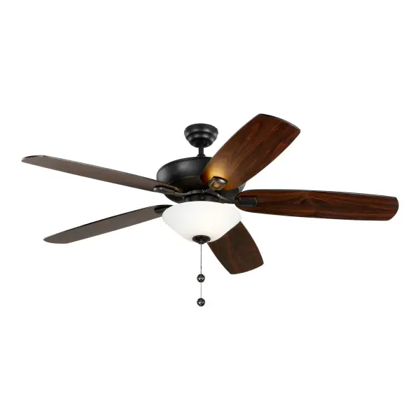 Collection: Colony Rooms: Bathroom, Enclosed Patios/Porches, Garage Finish: Midnight Black Glass: Matte White Width: 60.00" Height: 18.50" Weight: 22.44 lb Canopy: 5.15" Bulbs Included Number of Bulbs: 2 Maximum Wattage: 9.00 W Bulb Type: A19 Bulb Base: Medium Light Source: LED Light Output: 800.00 lm Color Temperature: 3000 K CRI: 90 Rated Average Life: 15000 Voltage: 120.00 V Airflow: 5348 CFM Electricity Use: 47 W Airflow Efficiency: 73 CFM/W Blade Pitch: 12° Blade Finish: American Walnut/American Walnut Blade Quantity: 5 Light Kit: Included Control: Pull Chain Operation, 3-speed, Manual Reverse Switch Downrod: 4.5" Country of Origin: China Safety Listing: cETL Safety Rating: Damp Title 24 LED Spec Sheet Instructions