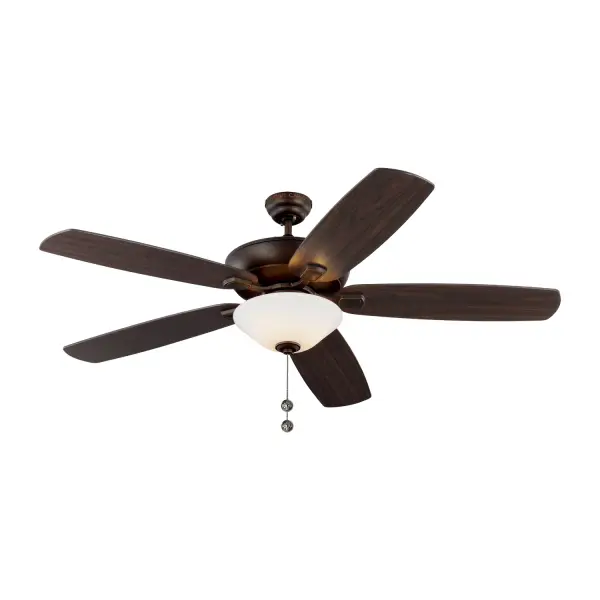 Collection: Colony Rooms: Bathroom, Enclosed Patios/Porches, Garage Finish: Roman Bronze Glass: Matte White Width: 60.00" Height: 18.50" Weight: 22.44 lb Canopy: 5.15" Bulbs Included Number of Bulbs: 2 Maximum Wattage: 9.00 W Bulb Type: A19 Bulb Base: Medium Light Source: LED Light Output: 800.00 lm Color Temperature: 3000 K CRI: 90 Rated Average Life: 15000 Voltage: 120.00 V Airflow: 5348 CFM Electricity Use: 47 W Airflow Efficiency: 73 CFM/W Blade Pitch: 12° Blade Finish: Bronze/Bronze Blade Quantity: 5 Light Kit: Included Control: Pull Chain Operation, 3-speed, Manual Reverse Switch Downrod: 4.5" Country of Origin: China Safety Listing: cETL Safety Rating: Damp Title 24 LED Spec Sheet Instructions