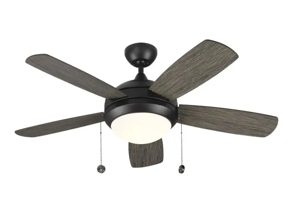 Collection: Discus Rooms: Bedroom, Family Room, Office Finish: Aged Pewter Glass: Matte Opal Width: 44.00" Height: 15.10" Weight: 17.42 lb Canopy: D:5.125'' Round Bulbs Included Number of Bulbs: 1 Maximum Wattage: 20.00 W Bulb Type: Array Bulb Base: Integrated Light Source: LED Light Output: 1060.00 lm Color Temperature: 3000 K CRI: 90 Rated Average Life: 50000 Voltage: 120.00 V Airflow: 3955 CFM Electricity Use: 37 W Airflow Efficiency: 68 CFM/W Blade Pitch: 12° Blade Finish: Light Grey Weathered Oak/Light Grey Weathered Oak Blade Quantity: 5 Light Kit: Included Downrod: 4.5" Material: Steel Country of Origin: China Safety Listing: cETL Safety Rating: Dry Title 24 LED Spec Sheet Instructions Parts Diagram