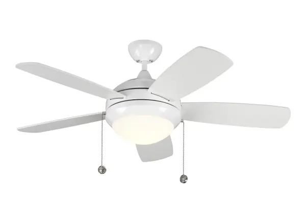 Collection: Discus Rooms: Bedroom, Family Room, Office Finish: White Glass: Matte Opal Width: 44.00" Height: 15.10" Weight: 17.42 lb Canopy: D:5.125'' Round Bulbs Included Number of Bulbs: 1 Maximum Wattage: 20.00 W Bulb Type: Array Bulb Base: Integrated Light Source: LED Light Output: 1060.00 lm Color Temperature: 3000 K CRI: 90 Rated Average Life: 50000 Voltage: 120.00 V Airflow: 3955 CFM Electricity Use: 37 W Airflow Efficiency: 68 CFM/W Blade Pitch: 12° Blade Finish: White/White Blade Quantity: 5 Light Kit: Included Downrod: 4.5" Material: Steel Country of Origin: China Safety Listing: cETL Safety Rating: Dry Title 24 LED Spec Sheet Instructions Parts Diagram