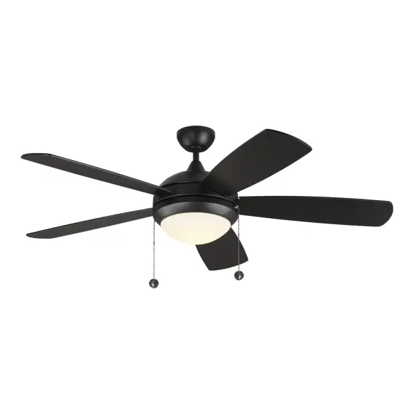 Collection: Discus Rooms: Bedroom, Family Room, Office Finish: Matte Black Glass: Matte Opal Width: 52.00" Height: 15.10" Weight: 17.40 lb Canopy: D:5.125'' Round Bulbs Included Number of Bulbs: 1 Maximum Wattage: 20.00 W Bulb Type: Array Bulb Base: Integrated Light Source: LED Light Output: 1060.00 lm Color Temperature: 3000 K CRI: 90 Rated Average Life: 25000 Voltage: 120.00 V Airflow: 4758 CFM Electricity Use: 41 W Airflow Efficiency: 73 CFM/W Blade Pitch: 12° Blade Finish: Black ABS/Black ABS Blade Quantity: 5 Light Kit: Included Downrod: 4.5" Material: Steel Country of Origin: China Safety Listing: cETL Safety Rating: Dry LED Spec Sheet Instructions Parts Diagram