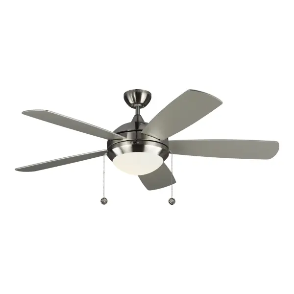 Collection: Discus Rooms: Bedroom, Family Room, Office Finish: Brushed Steel Glass: Matte Opal Width: 52.00" Height: 15.10" Weight: 17.40 lb Canopy: D:5.125'' Round Bulbs Included Number of Bulbs: 1 Maximum Wattage: 20.00 W Bulb Type: Array Bulb Base: Integrated Light Source: LED Light Output: 1060.00 lm Color Temperature: 3000 K CRI: 90 Rated Average Life: 25000 Voltage: 120.00 V Airflow: 4758 CFM Electricity Use: 41 W Airflow Efficiency: 73 CFM/W Blade Pitch: 12° Blade Finish: Silver/Silver Blade Quantity: 5 Light Kit: Included Downrod: 4.5" Material: Steel Country of Origin: China Safety Listing: cETL Safety Rating: Dry LED Spec Sheet Instructions Parts Diagram