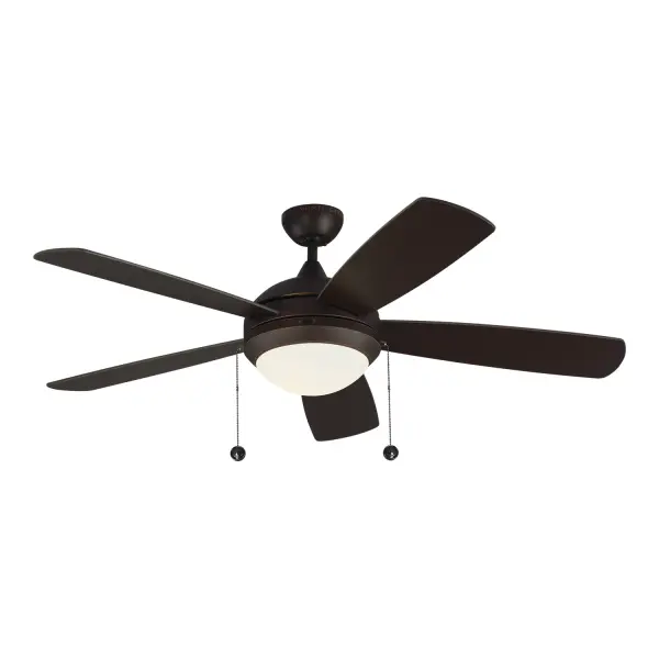 Collection: Discus Rooms: Bedroom, Family Room, Office Finish: Roman Bronze Glass: Matte Opal Width: 52.00" Height: 15.10" Weight: 17.40 lb Canopy: D:5.125'' Round Bulbs Included Number of Bulbs: 1 Maximum Wattage: 20.00 W Bulb Type: Array Bulb Base: Integrated Light Source: LED Light Output: 1060.00 lm Color Temperature: 3000 K CRI: 90 Rated Average Life: 25000 Voltage: 120.00 V Airflow: 4758 CFM Electricity Use: 41 W Airflow Efficiency: 73 CFM/W Blade Pitch: 12° Blade Finish: Roman Bronze ABS/Roman Bronze ABS Blade Quantity: 5 Light Kit: Included Downrod: 4.5" Material: Steel Country of Origin: China Safety Listing: cETL Safety Rating: Dry LED Spec Sheet Instructions Parts Diagram