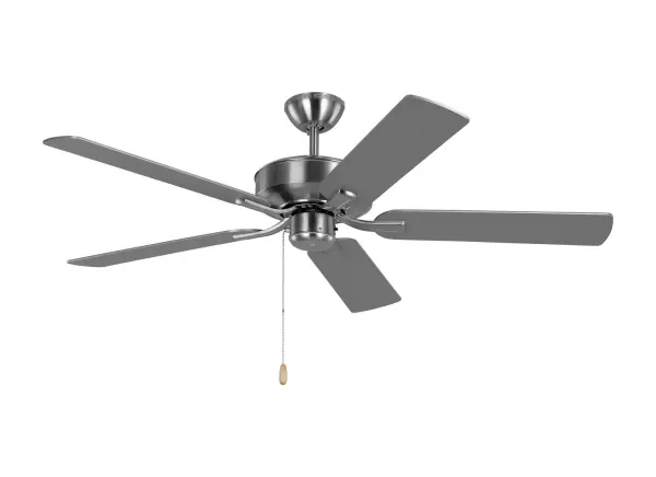 Collection: Linden Rooms: Bedroom, Family Room, Office Finish: Brushed Steel Width: 52.00" Height: 13.30" Weight: 13.90 lb Canopy: D:5.25'' Round Airflow: 4326 CFM Electricity Use: 39 W Airflow Efficiency: 71 CFM/W Blade Pitch: 12° Blade Finish: Silver/Silver Blade Quantity: 5 Light Kit: Adaptable Control: Pull Chain Operation, 3-speed, Manual Reverse Switch Downrod: 4.5" Material: Steel Country of Origin: China Safety Listing: cETL Safety Rating: Dry Spec Sheet Instructions