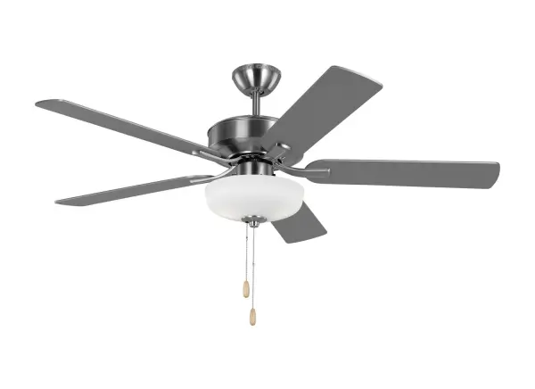 Collection: Linden Rooms: Bedroom, Family Room, Office Finish: Brushed Steel Glass: Matte White Width: 52.00" Height: 17.20" Weight: 16.50 lb Canopy: D:5.25'' Round Bulbs Included Number of Bulbs: 2 Maximum Wattage: 9.00 W Bulb Type: A19 Bulb Base: Medium Light Source: LED Light Output: 800.00 lm Color Temperature: 3000 K CRI: 90 Rated Average Life: 15000 Voltage: 120.00 V Airflow: 4520 CFM Electricity Use: 39 W Airflow Efficiency: 74 CFM/W Blade Pitch: 12° Blade Finish: Silver/Silver Blade Quantity: 5 Light Kit: Included Control: Pull Chain Operation, 3-speed, Manual Reverse Switch Downrod: 4.5" Material: Steel Country of Origin: China Safety Listing: cETL Safety Rating: Dry LED Spec Sheet Instructions