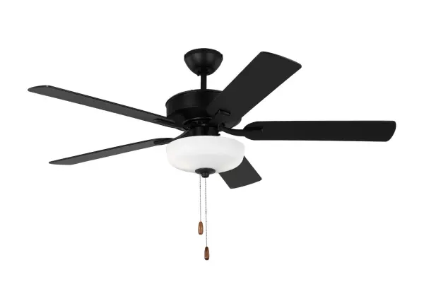 Collection: Linden Rooms: Bedroom, Family Room, Office Finish: Midnight Black Glass: Matte White Width: 52.00" Height: 17.20" Weight: 16.50 lb Canopy: D:5.25'' Round Bulbs Included Number of Bulbs: 2 Maximum Wattage: 9.00 W Bulb Type: A19 Bulb Base: Medium Light Source: LED Light Output: 800.00 lm Color Temperature: 3000 K CRI: 90 Rated Average Life: 15000 Voltage: 120.00 V Airflow: 4520 CFM Electricity Use: 39 W Airflow Efficiency: 74 CFM/W Blade Pitch: 12° Blade Finish: Midnight Black/Midnight Black Blade Quantity: 5 Light Kit: Included Control: Pull Chain Operation, 3-speed, Manual Reverse Switch Downrod: 4.5" Material: Steel Country of Origin: China Safety Listing: cETL Safety Rating: Dry LED Spec Sheet Instructions