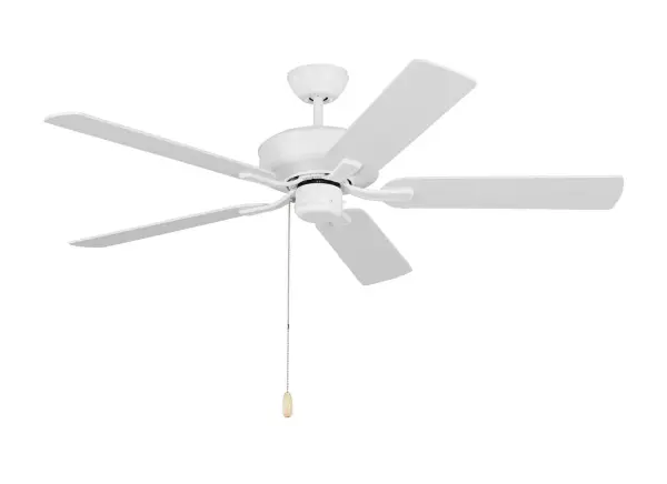 Collection: Linden Rooms: Bedroom, Family Room, Office Finish: Matte White Width: 52.00" Height: 13.30" Weight: 13.90 lb Canopy: D:5.25'' Round Airflow: 4326 CFM Electricity Use: 39 W Airflow Efficiency: 71 CFM/W Blade Pitch: 12° Blade Finish: Matte White/Matte White Blade Quantity: 5 Light Kit: Adaptable Control: Pull Chain Operation, 3-speed, Manual Reverse Switch Downrod: 4.5" Material: Steel Country of Origin: China Safety Listing: cETL Safety Rating: Dry Spec Sheet Instructions