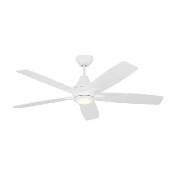 Collection: Lowden Designer: Monte Carlo Rooms: Bedroom, Family Room, Office Finish: Matte White Glass: Frosted Width: 52.00" Height: 16.00" Weight: 17.40 lb Canopy: D:5 13/16'' H:2.75'' Round Bulbs Included Number of Bulbs: 1 Maximum Wattage: 20.00 W Bulb Type: Array Bulb Base: Integrated Light Source: LED Light Output: 715.00 lm Color Temperature: 3000 K CRI: 90 Rated Average Life: 50000 Voltage: 120.00 V Airflow: 5229 CFM Electricity Use: 38 W Airflow Efficiency: 83 CFM/W Blade Pitch: 12° Blade Finish: Matte White/Matte White Blade Quantity: 5 Light Kit: Included Control: Handheld Remote, 4-speed, Dimmer and Manual Reverse Downrod: 6" Material: Acrylic Country of Origin: China Safety Listing: cETL Safety Rating: Damp Title 24 LED Spec Sheet Instructions
